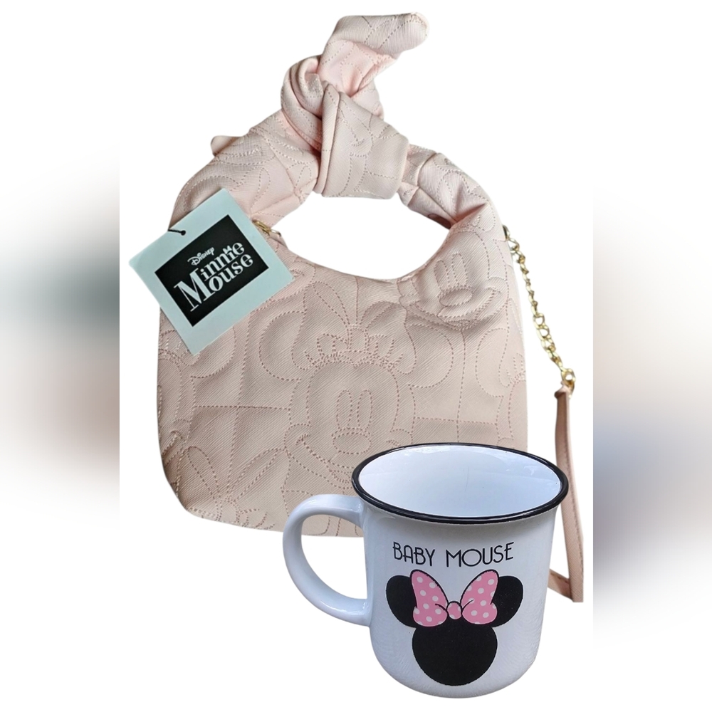 Lot of 2 Disney Minnie Mouse Quilted Pink Handbag and Minnie Mouse Mug Set 3oz.